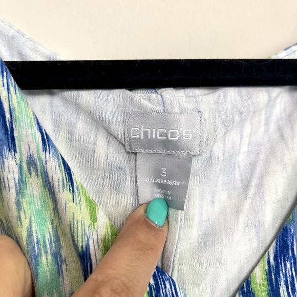 Chico's 8 Ikat Popover Regatta Slit Blue Green Travel Cruise Maxi Dress Sz 3(XL) - Picture 5 of 9